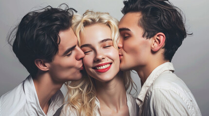 Blond woman in white shirt kissed by two men. Trio relationship concept. Intimate moment in a romantic trio. Complex relationships and connection. Contemporary love and intimacy. Polygamy © Jafree