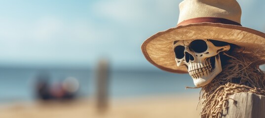 Seaside Surprise: Skeletal Humor on the Shoreline, a skeleton wearing a hat peeking out of a wooden pole against the backdrop of a tranquil beach scene