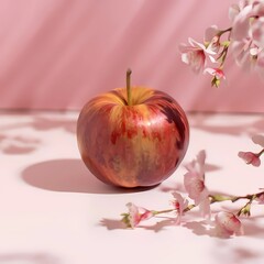 "A captivating red apple adorned with golden touches rests against a soft, pink backdrop. The formation of delicate pink blossoms and the gentle play of light around it exude an aura of enchantment an