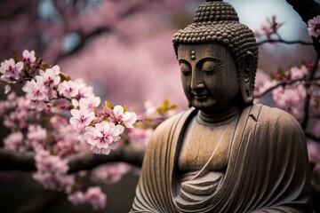 Statue of Buddha and Sakura blossoms symbolizing meditation and Zen practice. Generative AI