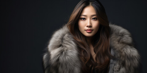 A gorgeous Asian woman in a fur coat, showcasing perfect beauty with a captivating smile.