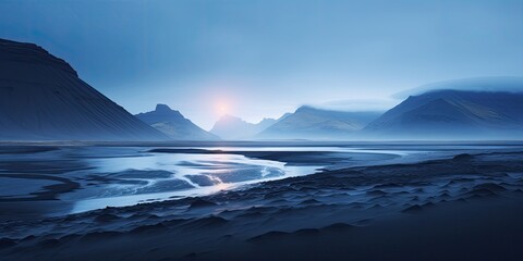 Naklejka premium A Nordic winter sunset over a serene coastal landscape with mountains, icy sea, and vibrant sky.