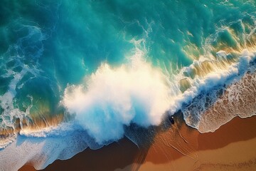 Photo of breaking waves on the coast. Beach surf. Aerial view of the tropical ocean. Generative AI