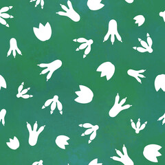 Dinosaur foot prints seamless pattern. Cute dino's foot prints children illustration. White silhouette isolated on green background © Alena Pershina