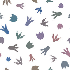 Dinosaur foot prints seamless pattern. Cute dino's foot prints  children illustration. Isolated silhouettes, muted earthy colors