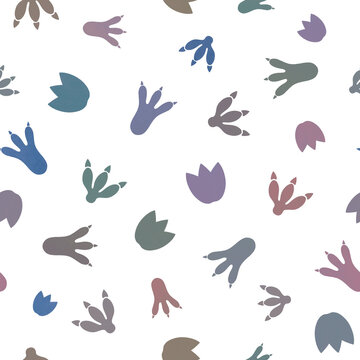 Fototapeta Dinosaur foot prints seamless pattern. Cute dino's foot prints  children illustration. Isolated silhouettes, muted earthy colors