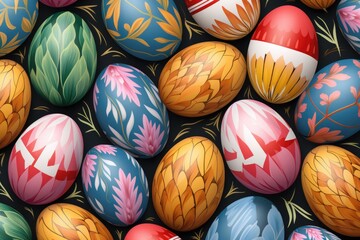 Fototapeta na wymiar Bright Easter eggs with patterns on dark background