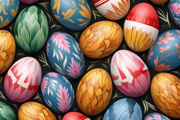 Foto op Plexiglas Bright Easter eggs with patterns on dark background © InfiniteStudio