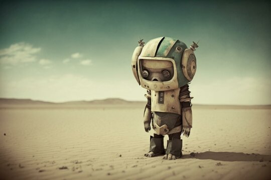 Unhappy robot kid in bleak desert. Generative AI