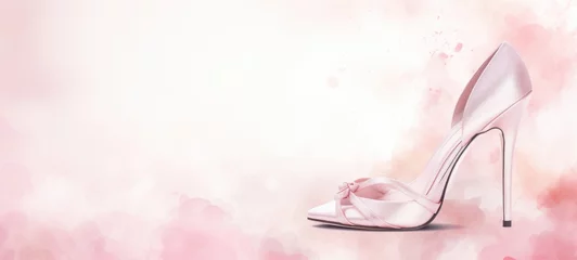 Gordijnen Watercolor fashion women high heeled shoe against background of splashes and stains. In light pink color. Banner with copy space. Ideal for fashion blogs or retail advertisements © Jafree