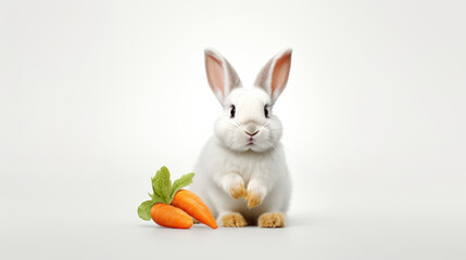 White Rabbit and Carrot on a white background. With copy space. Easter bunny. Suitable for various uses such as pet food advertisements or wildlife humor content. Banner, poster, postcard, greeting
