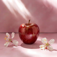 "A captivating red apple adorned with golden touches rests against a soft, pink backdrop. The formation of delicate pink blossoms and the gentle play of light around it exude an aura of enchantment an
