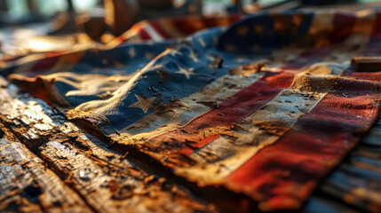 Closeup detail of a ruined and dirty American flag on a wooden surface. Selective focus.