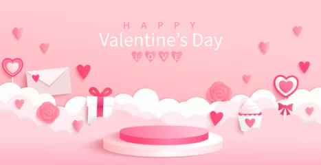 Foto op Plexiglas Happy Valentine's day promo banner. Round podium for ad, holiday scene for product display presentation.Backdrop for cosmetic product display.Template for retail,shops,web,social media.Vector © tandav