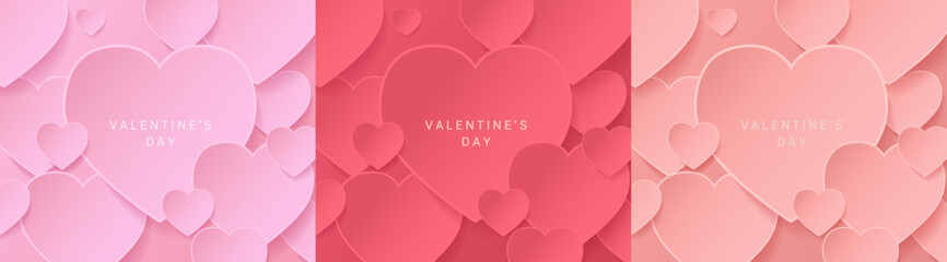 Set backgrounds for Valentine's day. Pastel and rose pink, red backdrops for cosmetic product display.Background from hearts.Template for flyer,greeting cards,web,banner,poster for february 14.Vector