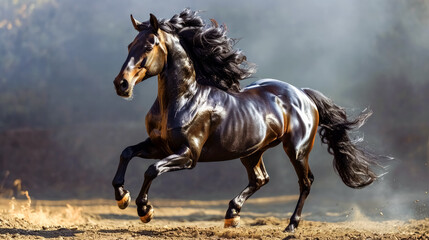 Beautiful black stallion with long mane galloping in smoke. 
