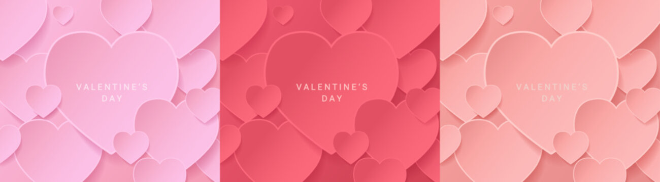 Set backgrounds for Valentine's day. Pastel and rose pink, red backdrops for cosmetic product display.Background from hearts.Template for flyer,greeting cards,web,banner,poster for february 14.Vector