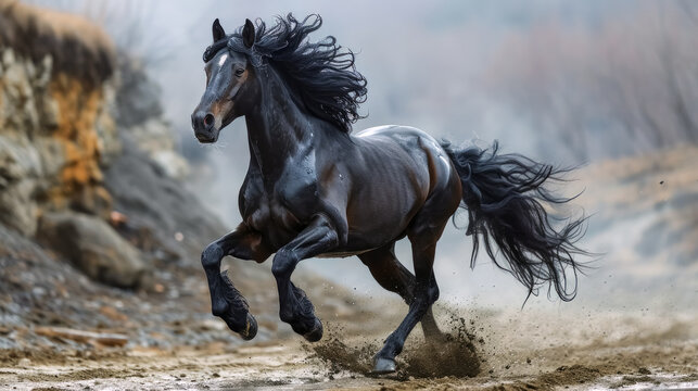 Beautiful black stallion with long mane galloping in smoke
