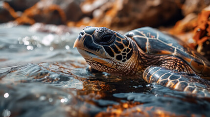 Hawaiian Green Sea Turtle swims off the coast of the Pacific Ocean in Hawaii. 