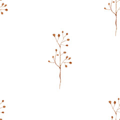 Watercolor pattern with twigs, simple botanical print of decorative branch. Botanical hand drawn illustration on white background for textile