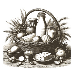 Vintage vector illustration of a basket filled with food items such as bread, cheese, eggs, milk and fruits - 697838822