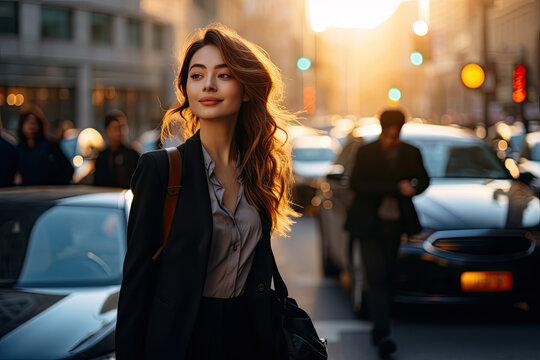 Young woman in the city, exuding beauty and style in her fashionable attire, walking in autumn.