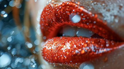 Close up of beautiful woman's lips with bright, red glitter makeup and sparkles. 