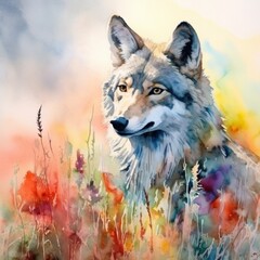 wolf in the meadow colorful watercolor painting,generated by AI. High quality photo