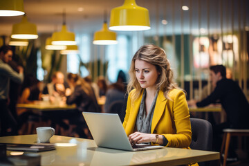 A focused businesswoman is using her laptop in a cafe, representing modern professionalism and success in her office away from the office.