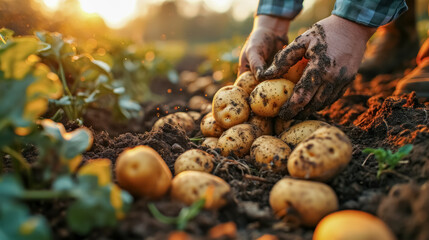 Harvesting potatoes in the field at the countryside. Selective focus. nature. Close up of farmer hands holding freshly dug organic potatoes. - obrazy, fototapety, plakaty