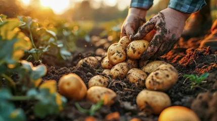 Foto op Plexiglas Harvesting potatoes in the field at the countryside. Selective focus. nature. Close up of farmer hands holding freshly dug organic potatoes. © korkut82