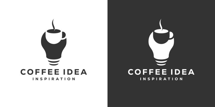 Minimal Coffee Idea Logo. Smart Think Coffee Solutions. Coffee Cup with Light Bulb Logo Design Template.