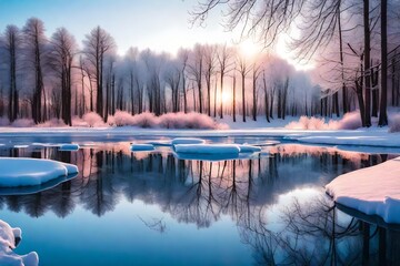 Frozen ice lake in winter in a park in the forest in sunny weather a panoramic view with a blue sky and white clouds. Wallpaper beautiful fairy winter nature at a pink dawn-