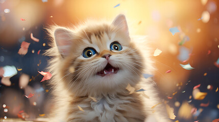 Joyful kitten with colorful confetti celebration. Concept: party, celebration, birthday, New year