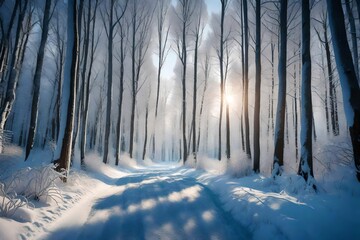 Beautiful winter morning landscape with a path between snow-covered trees. Winter forest. AI generated