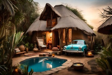 as a real african boho theme cottage with a small tiny swimming pool in front, car parked on the right side,