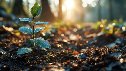 Close-up of young green plants growing in the soil in the morning. Green sprout growing from soil in the forest at sunset. Ecology concept. 
 - obrazy, fototapety, plakaty