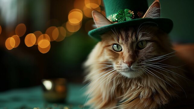 St. Patrick's day banner with mainecoon cat wearing green irish elf hat, gold coins, glitter and shamrock clover leaves.