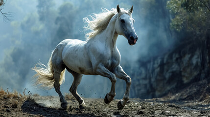 Obraz na płótnie Canvas White horse with long mane running in foggy forest. Side view. Beautiful white stallion running in the smoke on a background of blue sky 