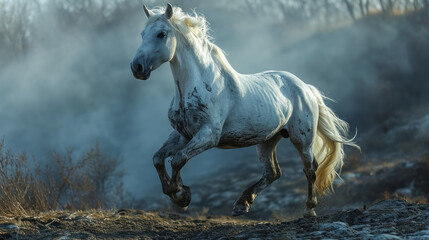 Obraz na płótnie Canvas White horse with long mane running in foggy forest. Side view. Beautiful white stallion running in the smoke on a background of blue sky 