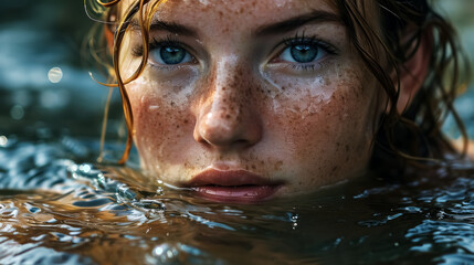 Closeup portrait of a beautiful girl with blue eyes and freckles in the water, swimming pool.

