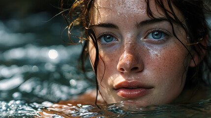 Closeup portrait of a beautiful girl with blue eyes and freckles in the water, swimming pool.

 - obrazy, fototapety, plakaty