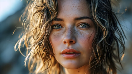 Close-up portrait of a beautiful young woman with freckles on her face and curly hair looking at camera. 
