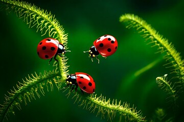 Two ladybirds on spiral of plant glows in sun on dark green saturated background outdoors of nature, macro