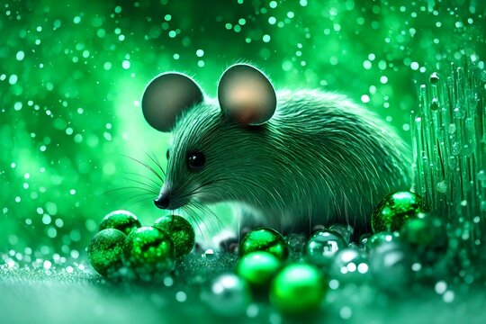Microscopic image of kute mini mouse super green happiness of Christmas with icicles snowballs an