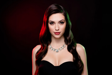Photo of classy gorgeous lady on festive event private party enjoying over dark neon background