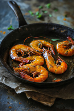 Primer plano de gambas en una sarten o cacuela rodeadas de ali&ntilde;os del tipo gambas al ajillo