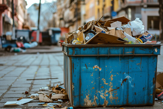 Concepto reciclado  y residuos urbanos, contendor en una calle de unan ciudad lleno de catones y basura