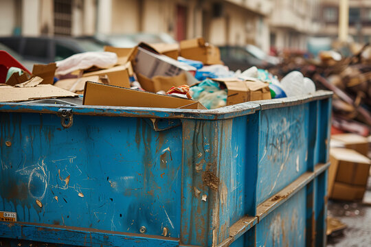 Concepto reciclado  y residuos urbanos, contendor en una calle de unan ciudad lleno de catones y basura