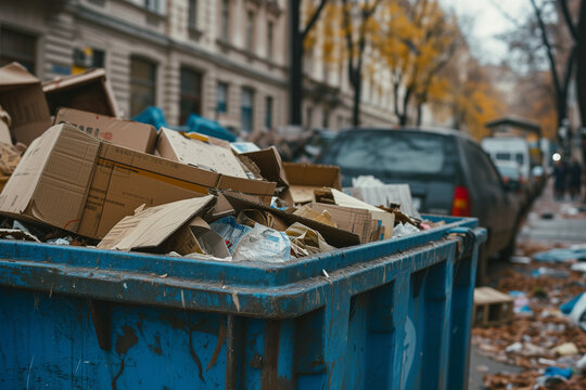 Concepto reciclado  y residuos urbanos, contendor en una calle de unan ciudad lleno de catones y basura